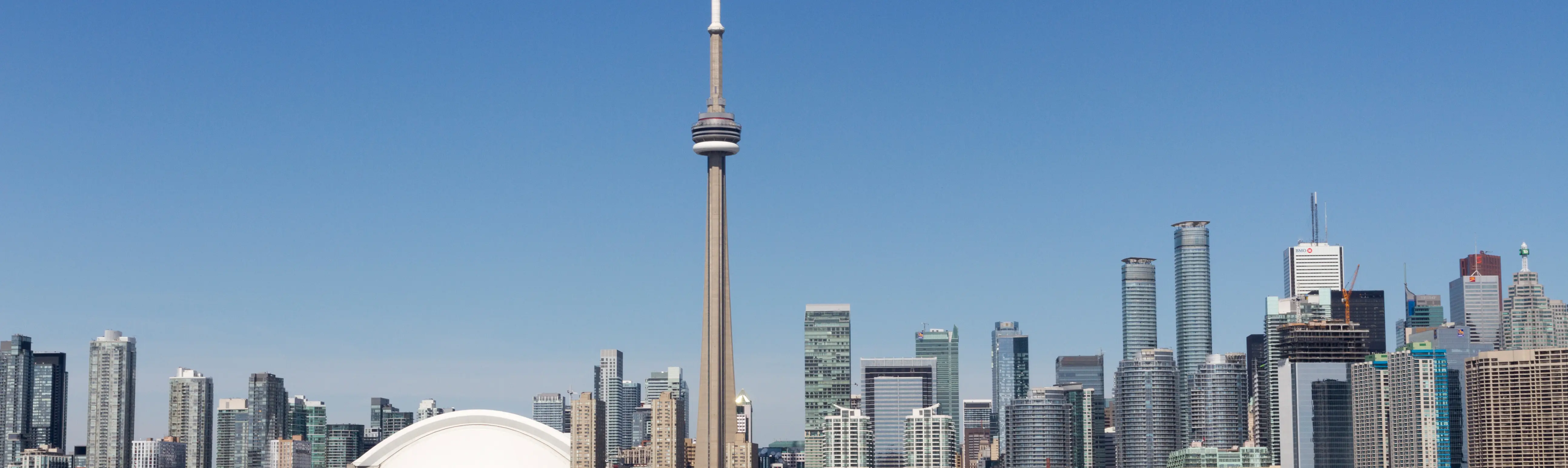 Toronto skyline during the daytime featuring the CN Tower. 